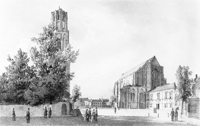 35277 Gezicht op het Munsterkerkhof te Utrecht uit het zuidwesten vanaf het Wed met de Domtoren en -kerk met daarnaast ...